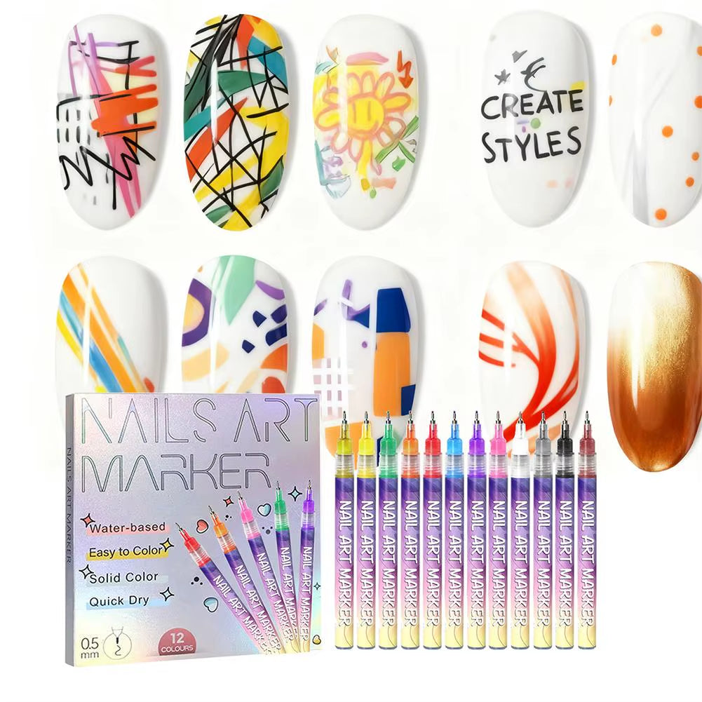12Pcs/Set Nail Acrylic Graffiti Pen 12 Color Nail Marker Drawing DIY Beauty Nail Art Tools Waterproof and Quick Drying Nail Mark