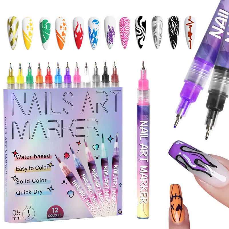 12Pcs/Set Nail Acrylic Graffiti Pen 12 Color Nail Marker Drawing DIY Beauty Nail Art Tools Waterproof and Quick Drying Nail Mark