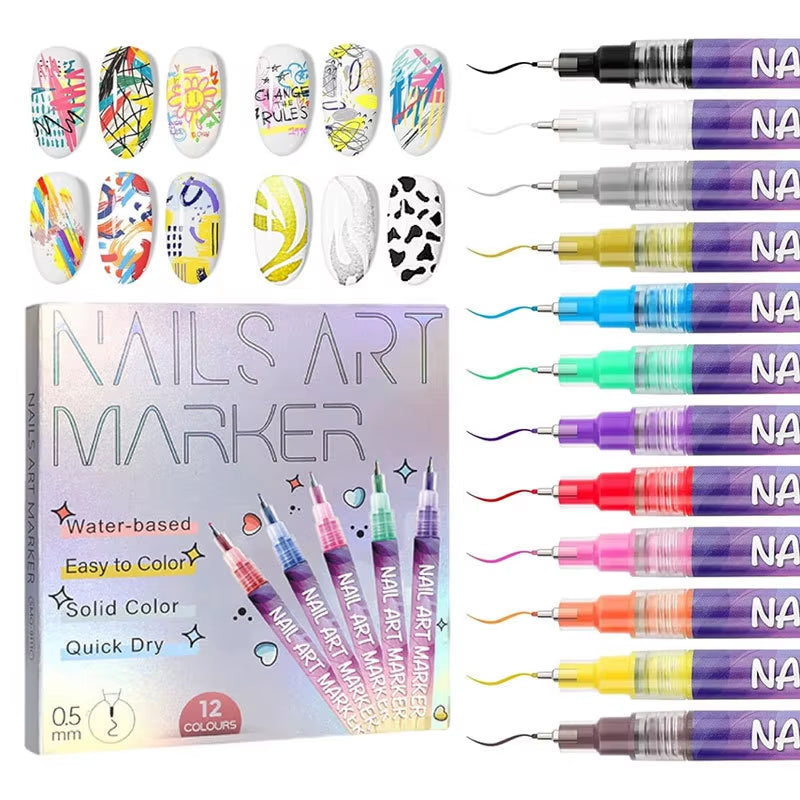 12Pcs/Set Nail Acrylic Graffiti Pen 12 Color Nail Marker Drawing DIY Beauty Nail Art Tools Waterproof and Quick Drying Nail Mark