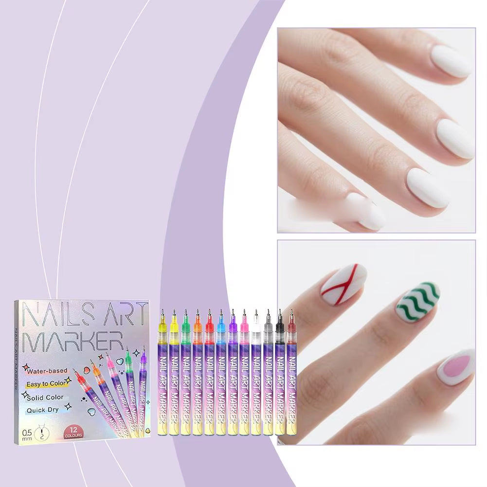 12Pcs/Set Nail Acrylic Graffiti Pen 12 Color Nail Marker Drawing DIY Beauty Nail Art Tools Waterproof and Quick Drying Nail Mark